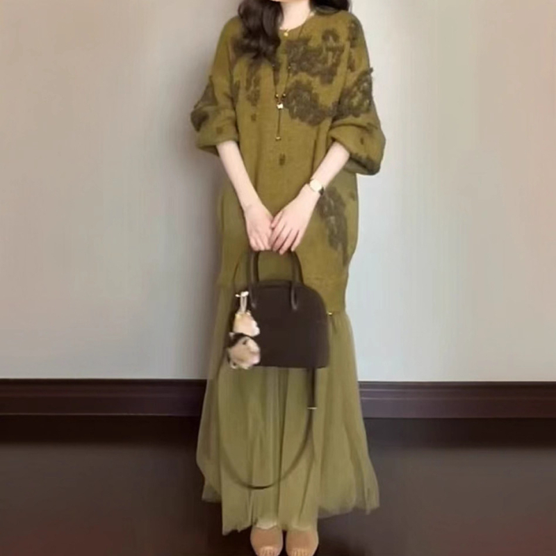 Ženska haljina s patchworkom velikog formata, jesen-zima moda, elegantna duga haljina, Harajuku stil.