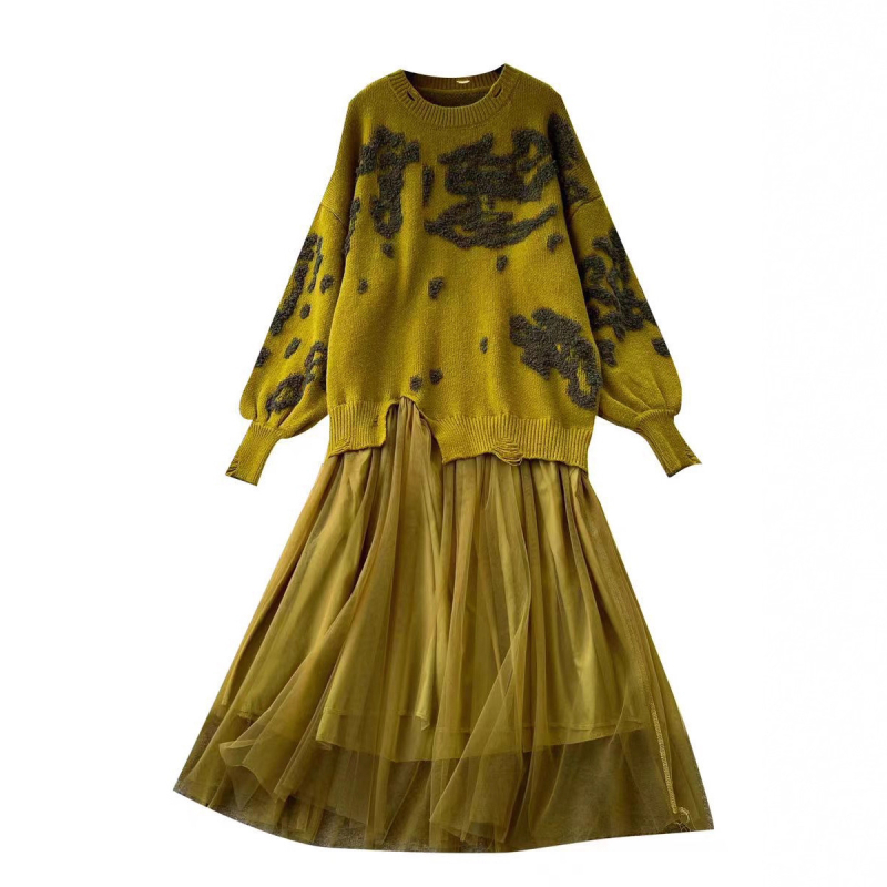 Ženska haljina s patchworkom velikog formata, jesen-zima moda, elegantna duga haljina, Harajuku stil.