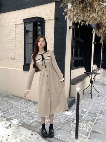 Plus-size ženska haljina za jesen s uskim strukom u Hepburn stilu, dugih rukava, elegantna.