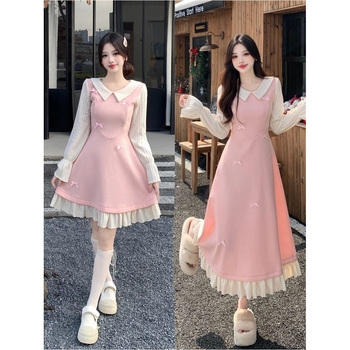 Rochie cu guler păpușă și funda, mâneci lungi, croială A-line, iarnă 2025, poliester cu căptușeală poliester