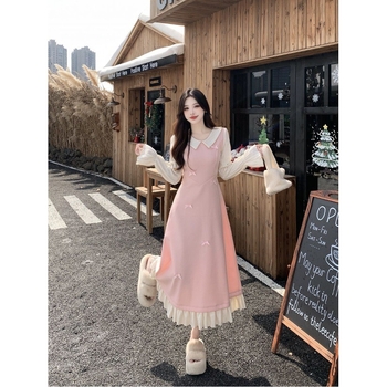 Rochie cu guler păpușă și funda, mâneci lungi, croială A-line, iarnă 2025, poliester cu căptușeală poliester