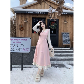 Rochie cu guler păpușă și funda, mâneci lungi, croială A-line, iarnă 2025, poliester cu căptușeală poliester