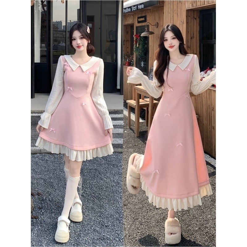 Rochie cu guler păpușă și funda, mâneci lungi, croială A-line, iarnă 2025, poliester cu căptușeală poliester