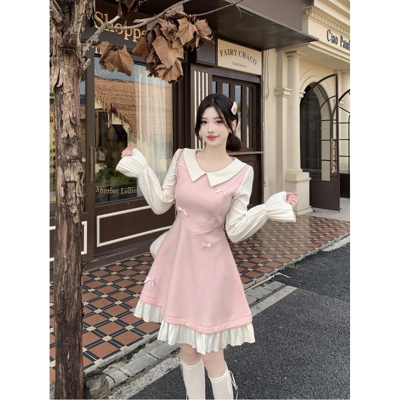 Rochie cu guler păpușă și funda, mâneci lungi, croială A-line, iarnă 2025, poliester cu căptușeală poliester