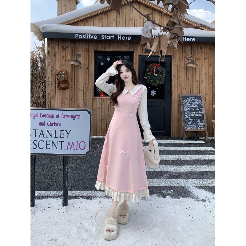 Rochie cu guler păpușă și funda, mâneci lungi, croială A-line, iarnă 2025, poliester cu căptușeală poliester