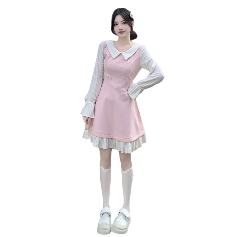 Rochie cu guler păpușă și funda, mâneci lungi, croială A-line, iarnă 2025, poliester cu căptușeală poliester