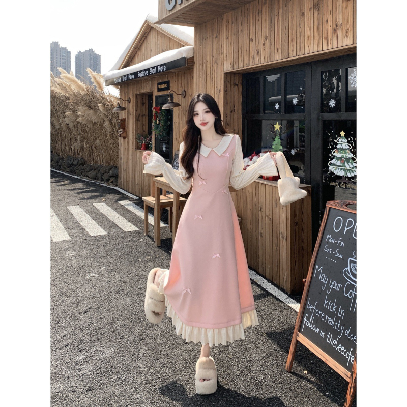 Rochie cu guler păpușă și funda, mâneci lungi, croială A-line, iarnă 2025, poliester cu căptușeală poliester