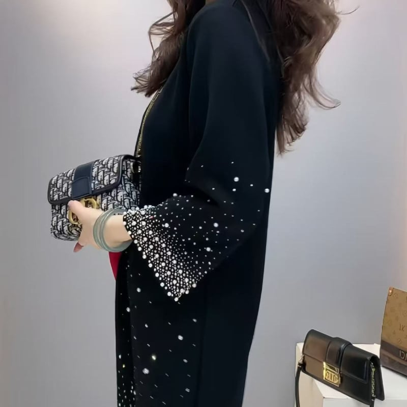 Rochie midi A-line din bumbac, decolteu în V, mâneci lungi, decor cu cristale