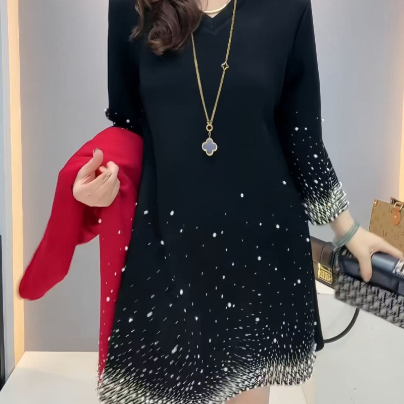 Rochie midi A-line din bumbac, decolteu în V, mâneci lungi, decor cu cristale