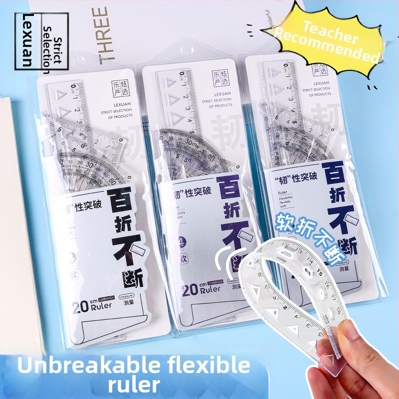 Plastikinis keturių liniuotų komplektas piešimui, įskaitant trikampio liniuotę ir kampometrą