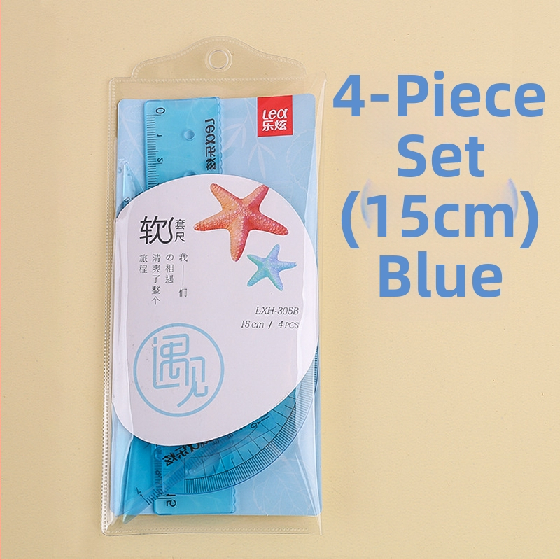 Plastikinis keturių liniuotų komplektas piešimui, įskaitant trikampio liniuotę ir kampometrą