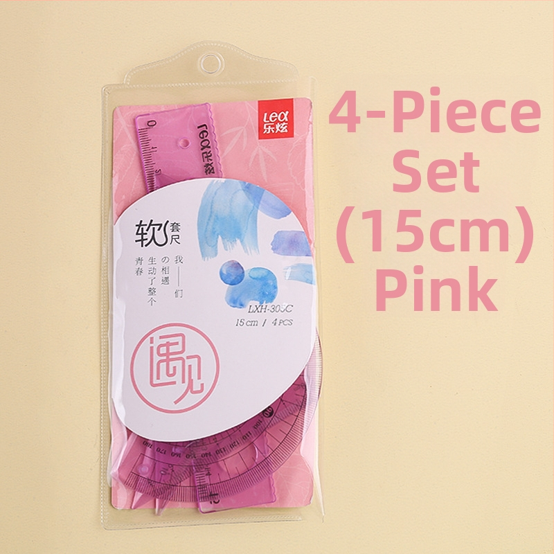 Plastikinis keturių liniuotų komplektas piešimui, įskaitant trikampio liniuotę ir kampometrą