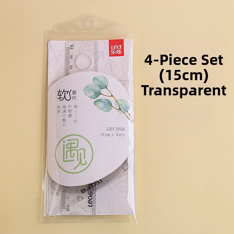 Plastikinis keturių liniuotų komplektas piešimui, įskaitant trikampio liniuotę ir kampometrą