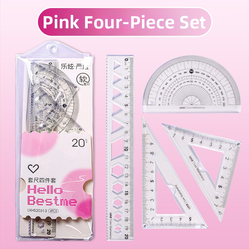 Plastikinis keturių liniuotų komplektas piešimui, įskaitant trikampio liniuotę ir kampometrą