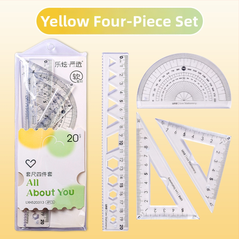 Plastikinis keturių liniuotų komplektas piešimui, įskaitant trikampio liniuotę ir kampometrą