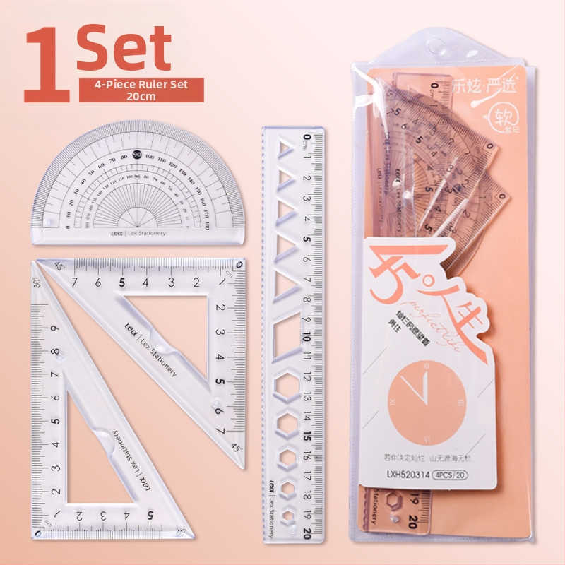 Plastikinis keturių liniuotų komplektas piešimui, įskaitant trikampio liniuotę ir kampometrą