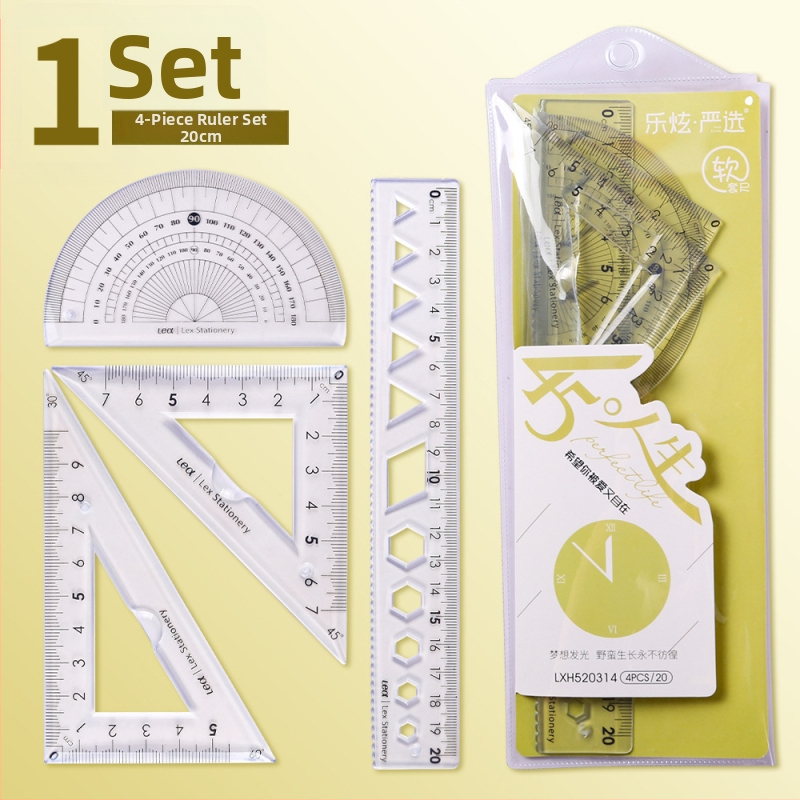 Plastikinis keturių liniuotų komplektas piešimui, įskaitant trikampio liniuotę ir kampometrą