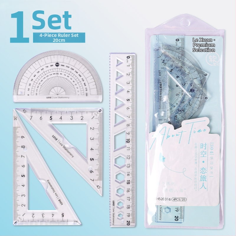 Plastikinis keturių liniuotų komplektas piešimui, įskaitant trikampio liniuotę ir kampometrą