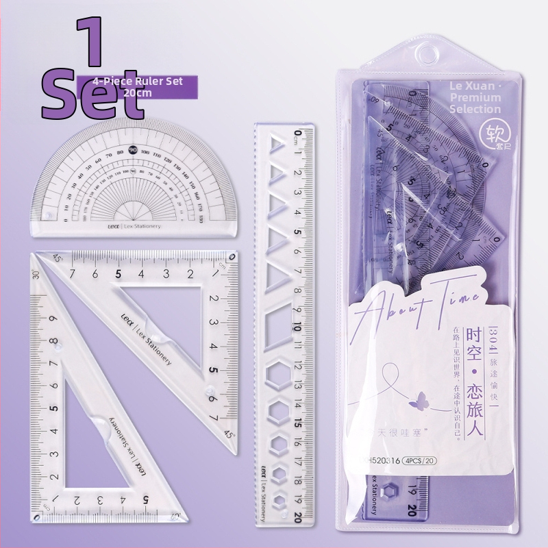 Plastikinis keturių liniuotų komplektas piešimui, įskaitant trikampio liniuotę ir kampometrą