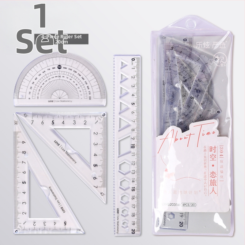 Plastikinis keturių liniuotų komplektas piešimui, įskaitant trikampio liniuotę ir kampometrą
