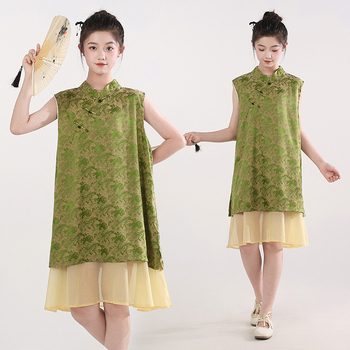 Vaikų suknelė kinų stiliaus, be rankovių, su petnešėlėmis, poliesteris, skirta vaikams nuo 8 metų (aukštesniems nei 140 cm), vasara 2025.