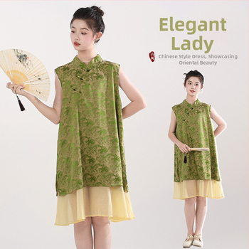 Vaikų suknelė kinų stiliaus, be rankovių, su petnešėlėmis, poliesteris, skirta vaikams nuo 8 metų (aukštesniems nei 140 cm), vasara 2025.