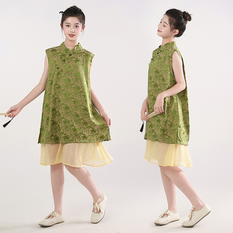 Vaikų suknelė kinų stiliaus, be rankovių, su petnešėlėmis, poliesteris, skirta vaikams nuo 8 metų (aukštesniems nei 140 cm), vasara 2025.