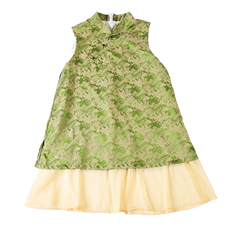 Vaikų suknelė kinų stiliaus, be rankovių, su petnešėlėmis, poliesteris, skirta vaikams nuo 8 metų (aukštesniems nei 140 cm), vasara 2025.