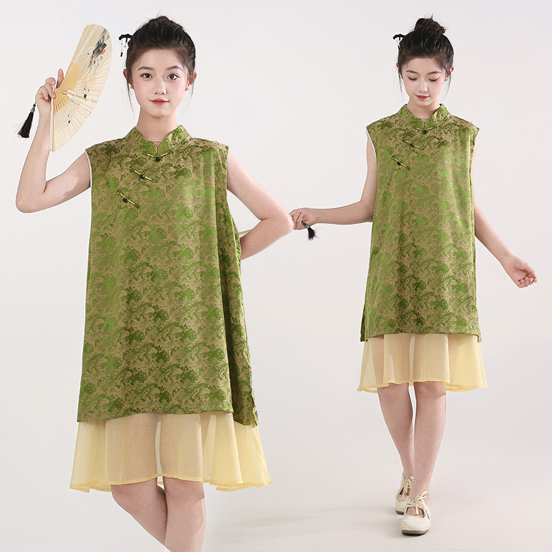 Vaikų suknelė kinų stiliaus, be rankovių, su petnešėlėmis, poliesteris, skirta vaikams nuo 8 metų (aukštesniems nei 140 cm), vasara 2025.