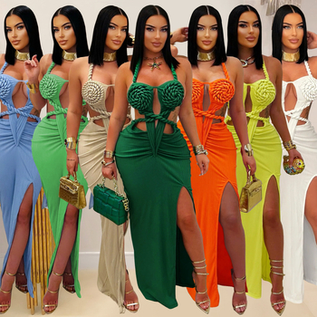 Ženska haljina s halter dekolteom, bez rukava, duga, poliester-spandeks tkanina, elegantan stil, kopčanje šnoru