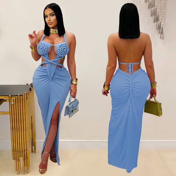 Ženska haljina s halter dekolteom, bez rukava, duga, poliester-spandeks tkanina, elegantan stil, kopčanje šnoru