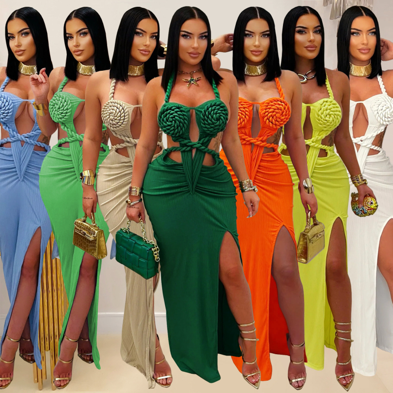 Ženska haljina s halter dekolteom, bez rukava, duga, poliester-spandeks tkanina, elegantan stil, kopčanje šnoru