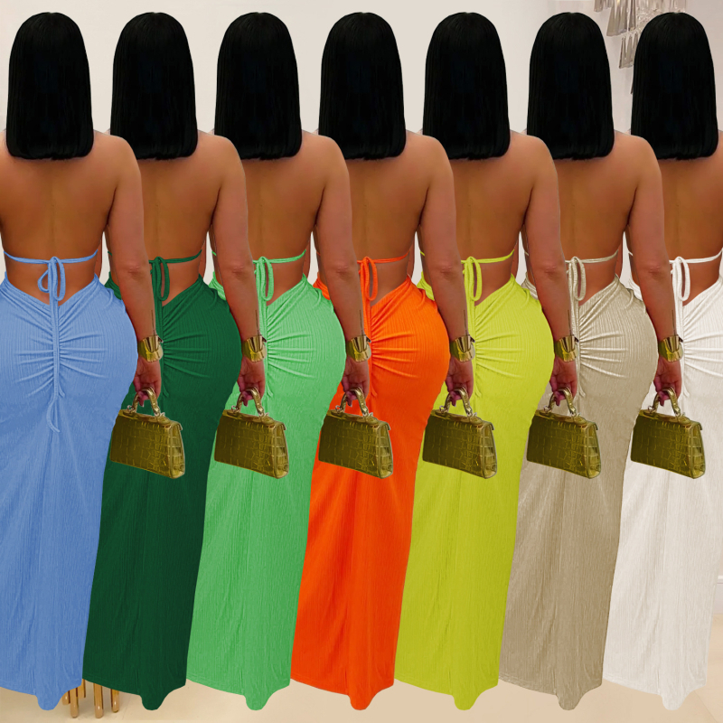 Ženska haljina s halter dekolteom, bez rukava, duga, poliester-spandeks tkanina, elegantan stil, kopčanje šnoru