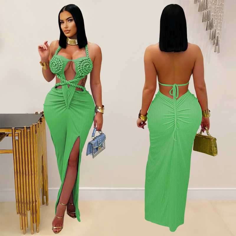 Ženska haljina s halter dekolteom, bez rukava, duga, poliester-spandeks tkanina, elegantan stil, kopčanje šnoru