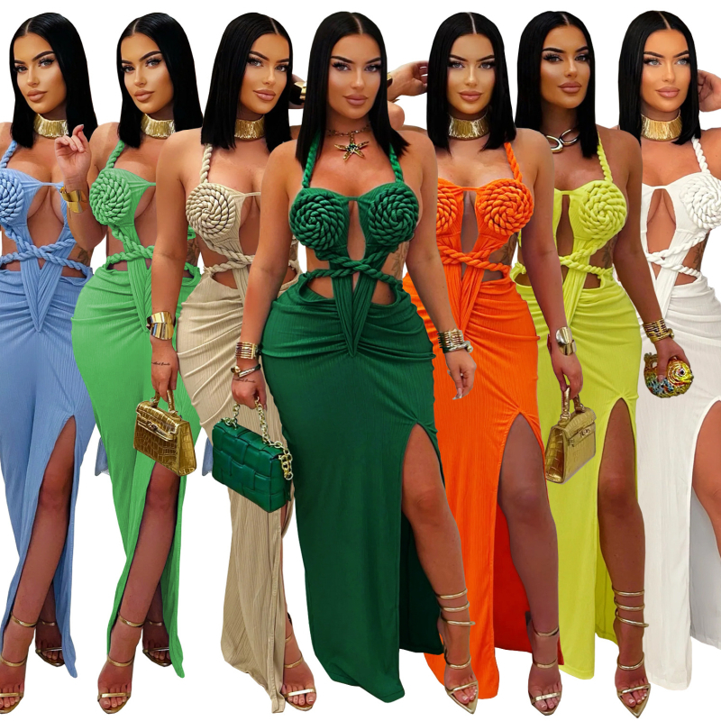 Ženska haljina s halter dekolteom, bez rukava, duga, poliester-spandeks tkanina, elegantan stil, kopčanje šnoru