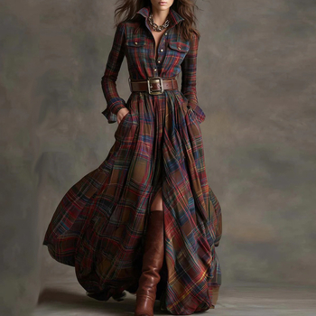 Риза рокля с дълги ръкави, V-образно деколте, принт, полиестер 95%+, дълга пола