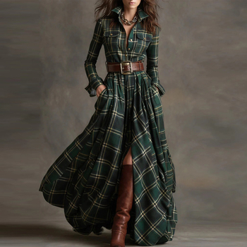 Риза рокля с дълги ръкави, V-образно деколте, принт, полиестер 95%+, дълга пола