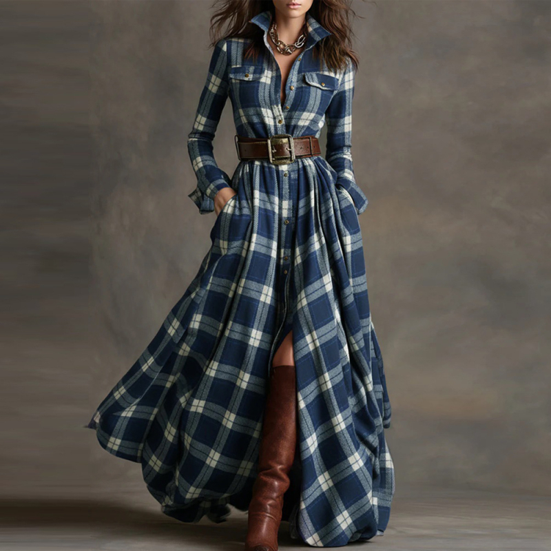 Риза рокля с дълги ръкави, V-образно деколте, принт, полиестер 95%+, дълга пола