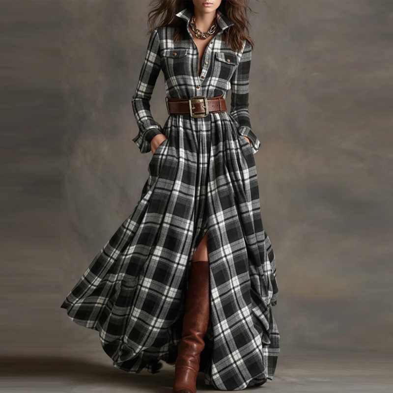 Риза рокля с дълги ръкави, V-образно деколте, принт, полиестер 95%+, дълга пола