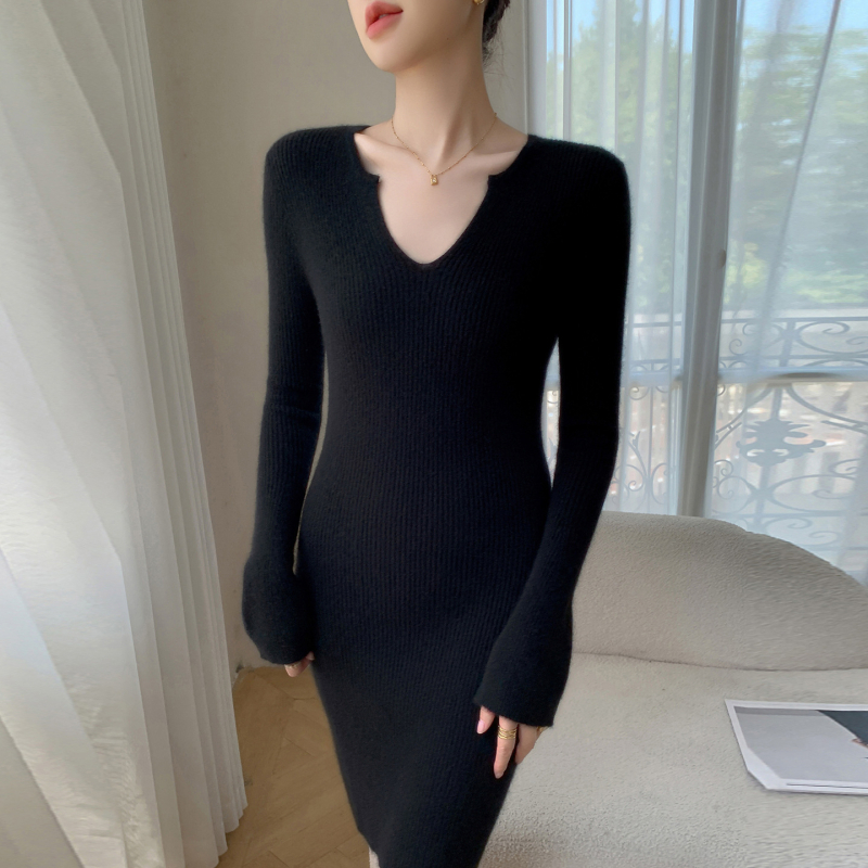 Kasmirska pletena haljina s V-izrezom, srednja duljina, dugi rukavi, jednobojna, elegantna uredska haljina