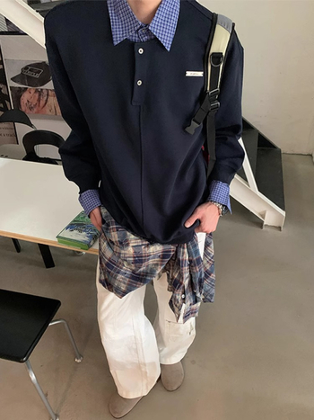 Muški džemper s dugim rukavima u polo stilu s ovratnikom lapel, preppy dizajn, poliester 96%+, 350–400 g