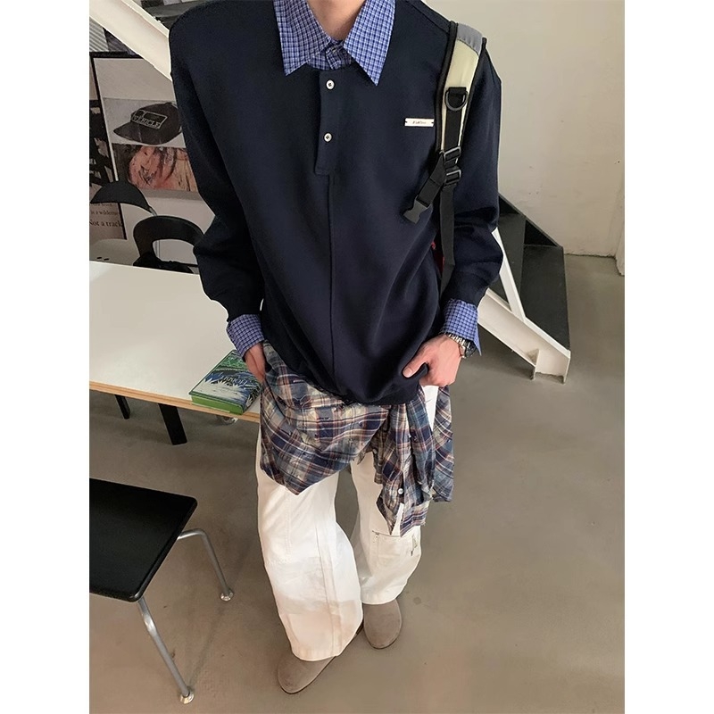 Muški džemper s dugim rukavima u polo stilu s ovratnikom lapel, preppy dizajn, poliester 96%+, 350–400 g