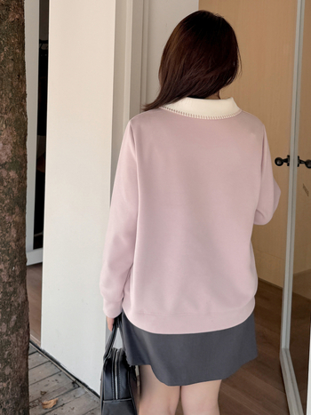 Moteriška korėjietiško stiliaus polo apykaklė su gobtuvu megztinis, ruduo 2025, medvilnės-poliesterio mišinys (50–70% medvilnė, 30–50% poliesteris), koliažo dizainas, ilgos rankovės