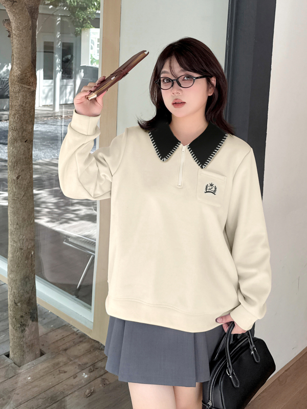 Moteriška korėjietiško stiliaus polo apykaklė su gobtuvu megztinis, ruduo 2025, medvilnės-poliesterio mišinys (50–70% medvilnė, 30–50% poliesteris), koliažo dizainas, ilgos rankovės