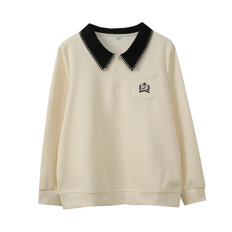 Moteriška korėjietiško stiliaus polo apykaklė su gobtuvu megztinis, ruduo 2025, medvilnės-poliesterio mišinys (50–70% medvilnė, 30–50% poliesteris), koliažo dizainas, ilgos rankovės