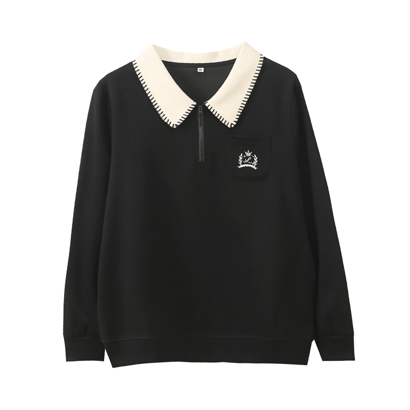 Moteriška korėjietiško stiliaus polo apykaklė su gobtuvu megztinis, ruduo 2025, medvilnės-poliesterio mišinys (50–70% medvilnė, 30–50% poliesteris), koliažo dizainas, ilgos rankovės