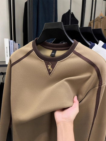 Jesenski pamučni sweatshirt, 360 g, dvostruki sloj, muški okrugli izrez, šivana konjska motiv, pulover top
