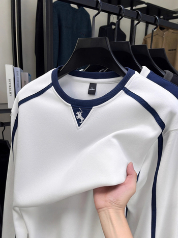 Jesenski pamučni sweatshirt, 360 g, dvostruki sloj, muški okrugli izrez, šivana konjska motiv, pulover top