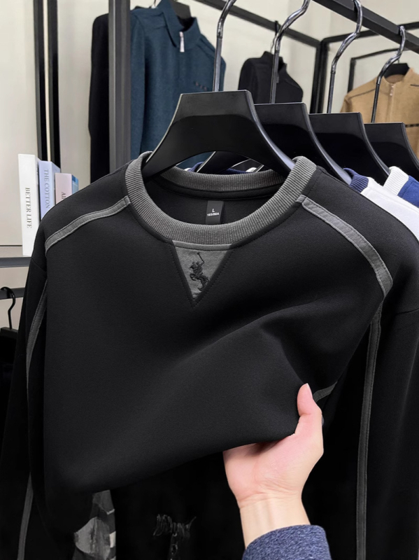 Jesenski pamučni sweatshirt, 360 g, dvostruki sloj, muški okrugli izrez, šivana konjska motiv, pulover top