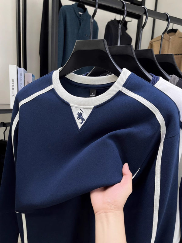 Jesenski pamučni sweatshirt, 360 g, dvostruki sloj, muški okrugli izrez, šivana konjska motiv, pulover top